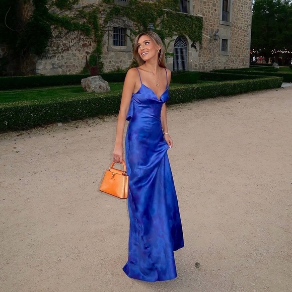 Zara Dresses & Skirts - Zara dress maxi long open back satin effect blue bodycon wedding party cocktail